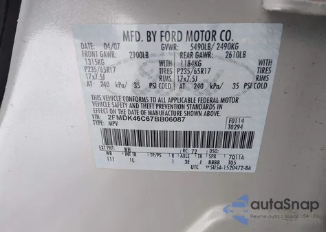 2007 Ford Edge Se z USA, uszkodzony, nr VIN 2FMDK46C67BB06087